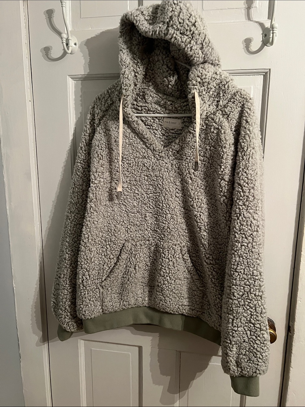 Plush Sherpa Hoodie in Light Gray with Olive Trim - Women's